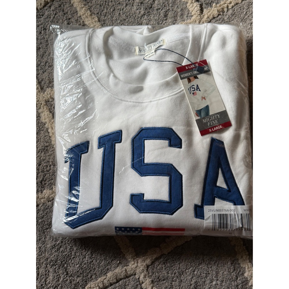 Mighty Fine USA Sweatshirt Womens XL White American Flag Graphic Fleece Pullover